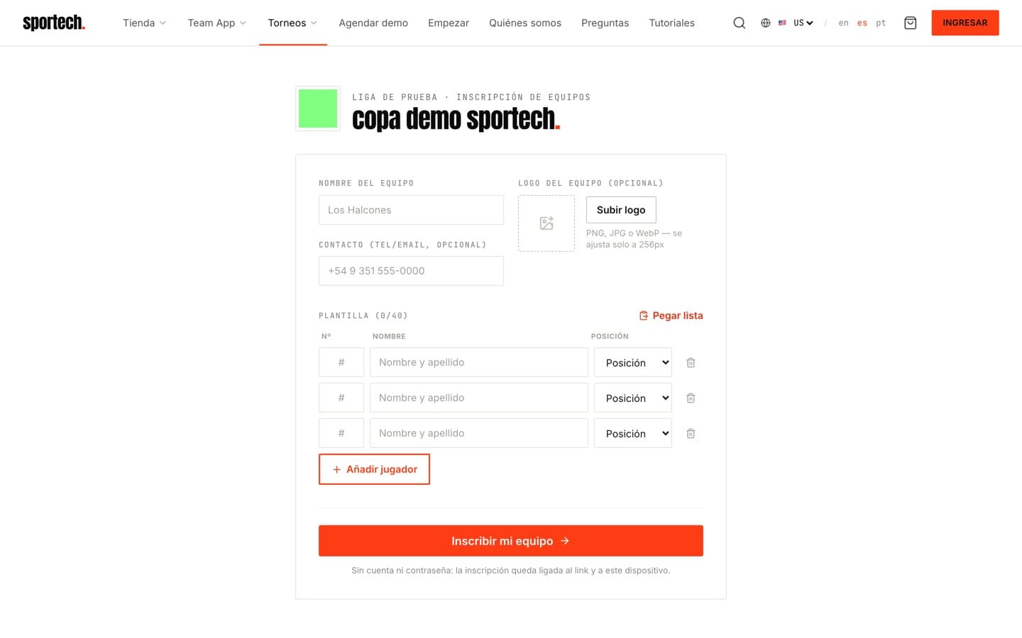 Torneos · inscripción — inscribe a tu equipo